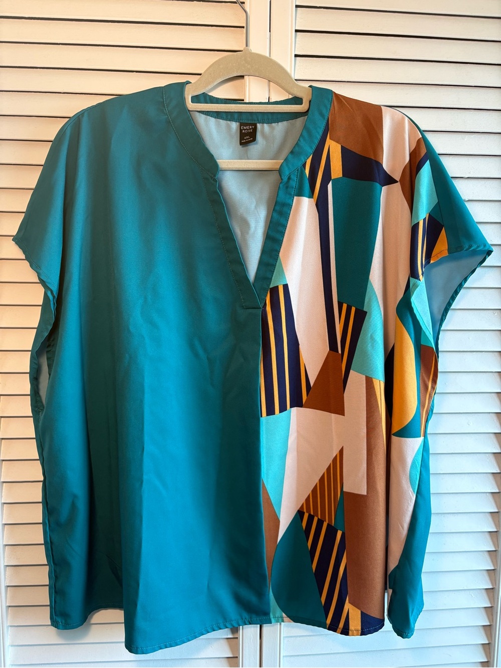 Geometric-Panel Teal Split-Neck Blouse